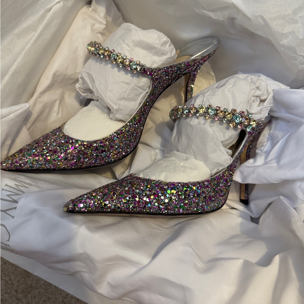 Jimmy Choo Multicolor Glitter Pointed-Toe Stiletto Heels with Jeweled Strap - Picture 3 of 7